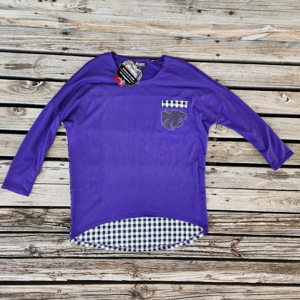 NWT KSU Kansas State Gingham XS S Oversized Rhinestone Gameday Couture Top Plaid